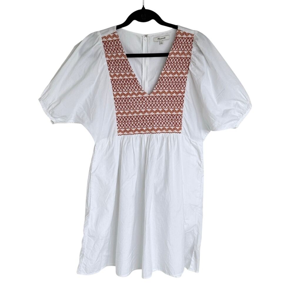 Madewell Embroidered Poplin V Neck Mini Dress White Puff Sleeve Cotton Size S